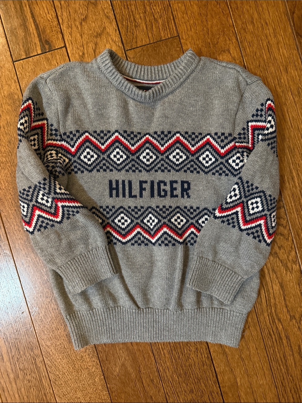 Tommy Hilfiger Gray Crewneck Sweater with Navy and Red Fair Isle Accents